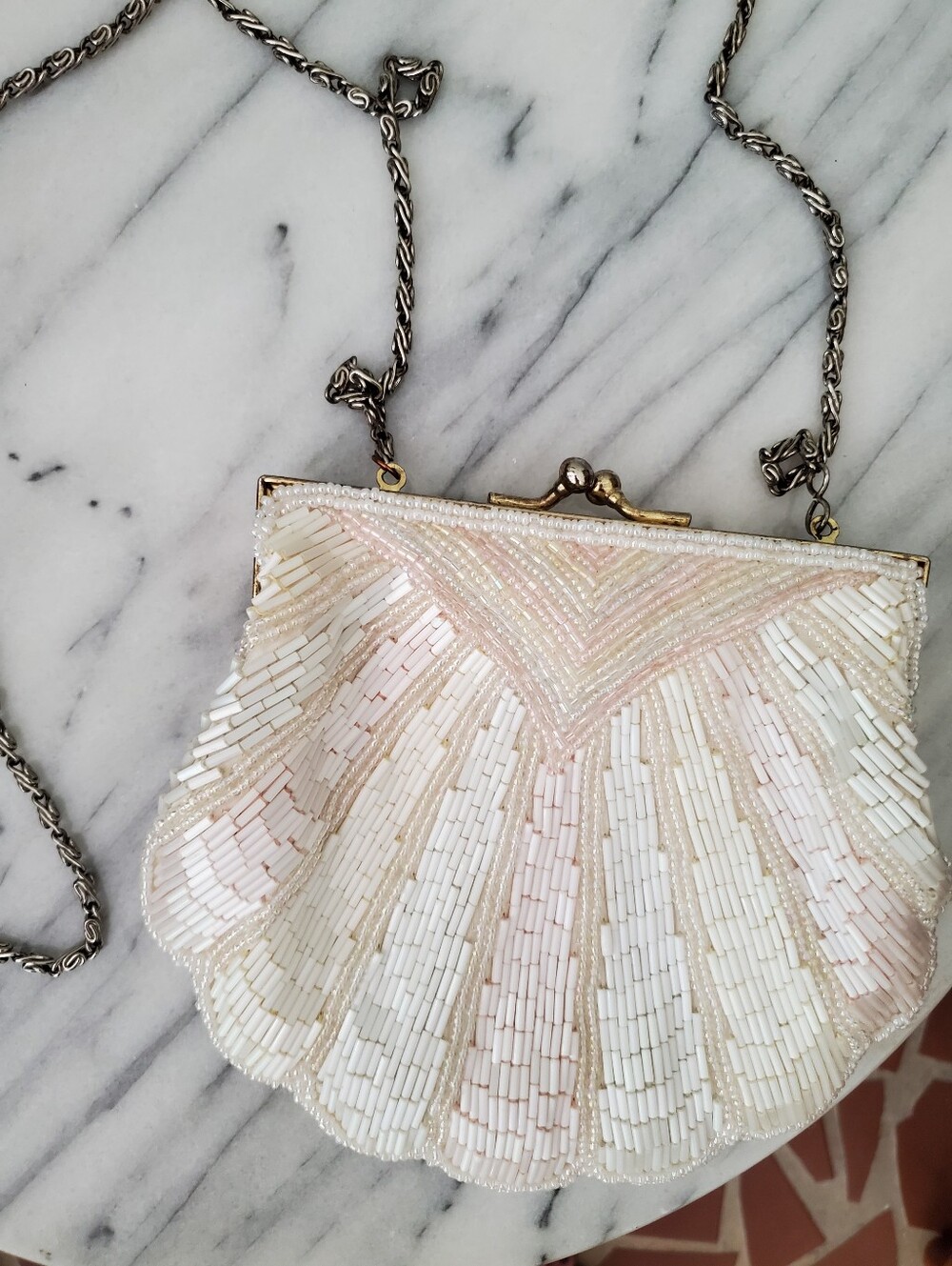 Vintage La Regale LTD Beaded Evening Purse, Seashell, White Iridescent, 80s